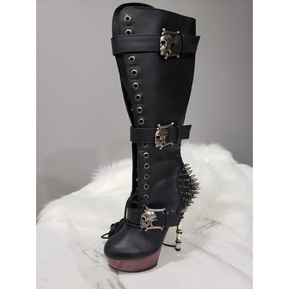 SIZE 7 DEMONIA Muerto Bone High Heel Spiked Skull Buckle Moto gothic Knee Boots